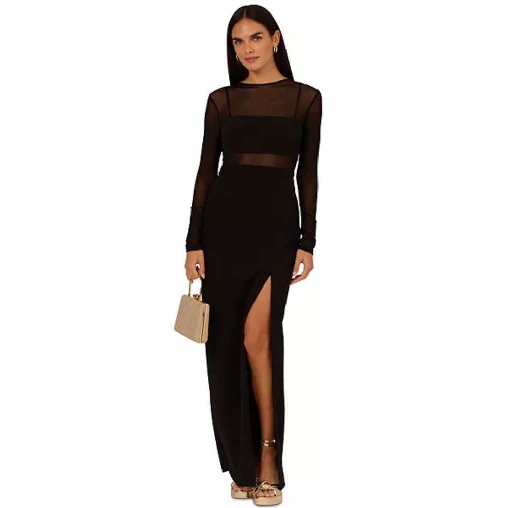 Adrianna Papell Black Long Sleeve Sheer Bodice Evening Gown